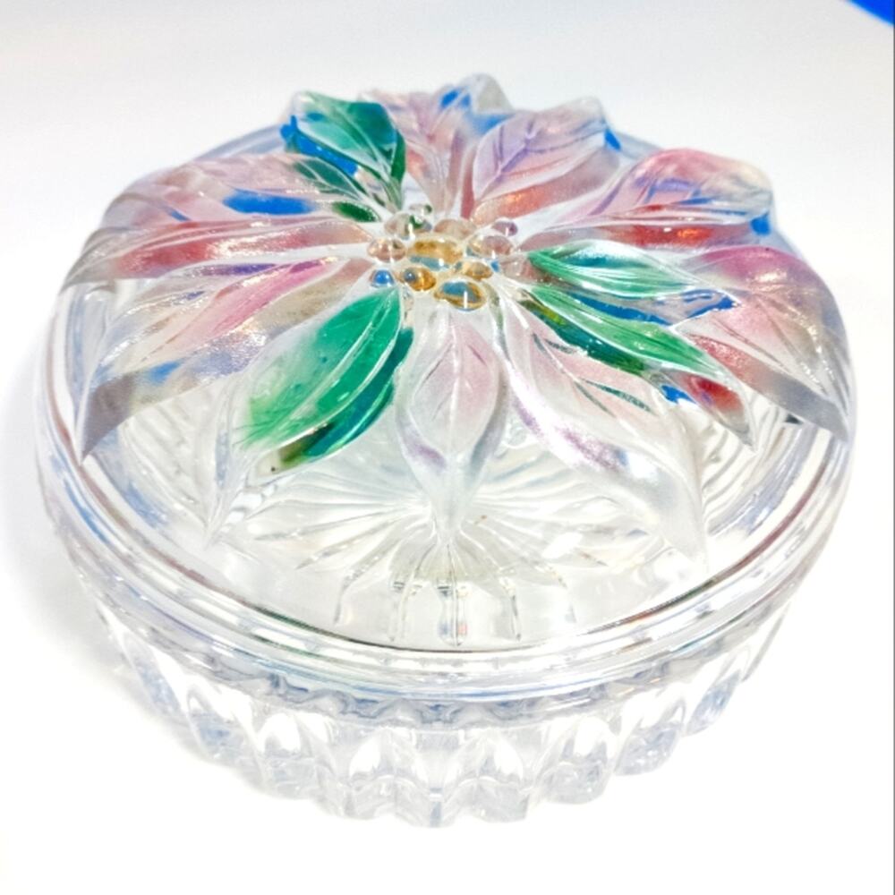 Poinsettia colored glass lidded candy dish bowl Christmas